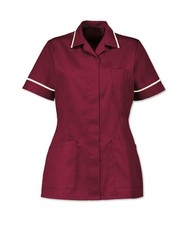 NURSES HEALTHCARE TUNIC, DENTAL NHS. MAROON/BURGUNDY WITH WHITE TRIM. INS32MR