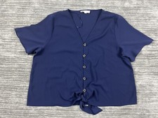 Pink Rose Top Womens Extra Large Blue Crop Tied Hem Shortsleeve V Neck