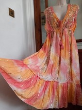 Vtg Look Beaded Tasselled Indian Tiered Gypsy Dress Free Size Boho Pockets 