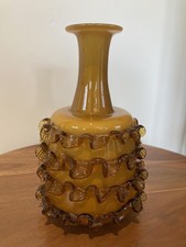 Vintage Gordiola Spanish Hand Blown Amber Ochre Art Glass Vase Ruffled Crimped