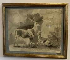 18th Century Old Master Style Drawing Of Deer Circa 1780 English Antique