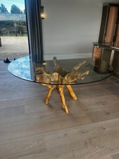 Sustainable Furniture Reclaimed Teak Root Circular Glass Dining Table 5ft