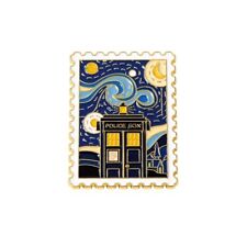DOCTOR WHO "Van Gogh Starry Night" Postage Stamp Pin Badge - Tardis Police Box