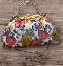 Vintage Butler & Wilson Evening Bag & Strap Satin Floral Beaded Gold Tone Handle