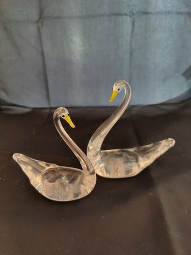 Pair clear glass swans - glass,