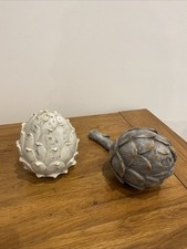 SHABBY CHIC ARTICHOKE ORNAMENTS WHITE &  GREY STEM RUSTIC DISTRESSED