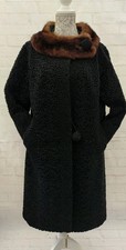 Vintage Astra Furs Coat Size 14 Black Astrakhan Wool Brown Fur Collar 1950s