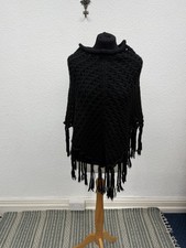 Per Una Poncho Womens One Size Crochet Fringe Black Western Boho Indie
