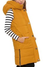 LADIES HOODED QUILTED LONG PUFFER GILET JACKET PADDED BODY WARMER POCKETS ZIPS