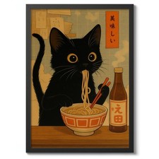 Noodle Cat Thief Anime Print, Japanese Poster, Wall Art Decor, Cat and Ramen
