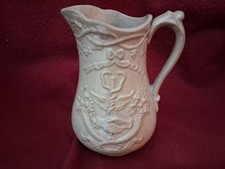 Antique Victorian Buff Relief Moulded Jug  Peace Clasped Hands Masonic ? 14.5cm