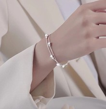 925 Sterling Silver Double Layer Star Bead Bracelet Elegant Chain Jewellery Gift