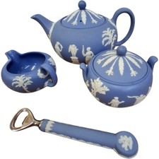 Blue Wedgwood Teapot Set with Sugar Bowl and Milk Jug Collectable