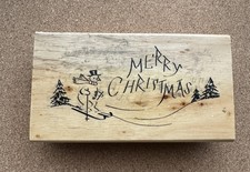 ANITA'S MERRY CHRISTMAS SKIING SNOWMAN WOODEN BACKED RUBBER STAMP.  SIZE H