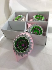 Pols Potten Glass Xmas Tree Ornaments x 4 Pink Teardrop Silver Green Hole  (H12)