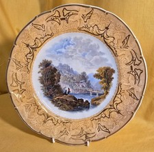 PRATTWARE  THE TWO ANGLERS PLATE WITH CHERUB BORDER C1860 LLANGOLLEN INTEREST