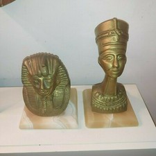 VINTAGE EGYPTIAN BRASS TUTANKHAMUN & NEFERTITI BUSTS ON MARBLE/ONYX STANDS 