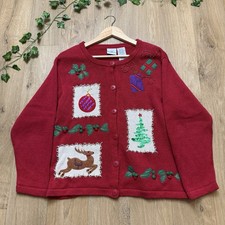 VINTAGE CHRISTMAS CARDIGAN SIZE L RED BEADED SEQUINS JUMPER BOBBIE BROOKS (xj44)