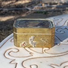 Antique Japanese Mixed Metal Inlaid Box – Meiji Period Shakudo Brass Engraved
