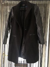 George Black Coat Jacket Breasted Faux Leather Sleeve Lightweight Boyfriend Pea