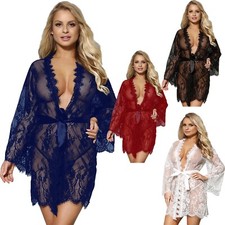 Sexy Lingerie Set Lace Robe Kimono Babydoll Plus Size Gown Chemise Dress 8-26 UK