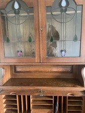 Oak Bureau Book Case With Leaded Glass Doors 1930 circa
