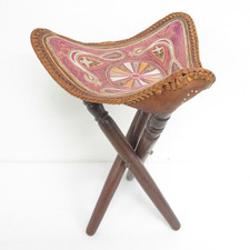 Vintage Handcrafted Leather Tripod Folding Saddle Seat Stool Chair Birds 22"