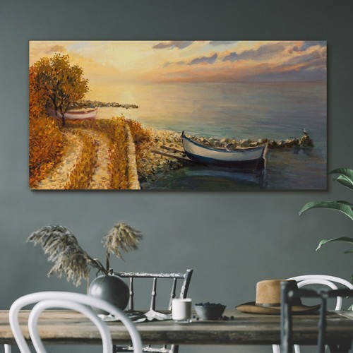 Painting sea boat path tree - painting,