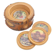 Vintage Wood Bark Lacquer Coaster Set w/Holder Rustic Log Slice Drinks Coasters