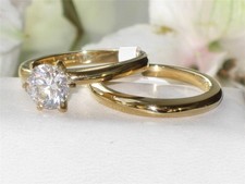 Ladies gold ring set solitaire engagement wedding band cz 1.30carat 2pcs 097