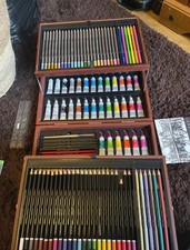 Large Wooden Art Box Set – Pencils, Paints, Brushes & Pads – Great for Artists