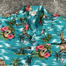 VTG Evergreen Island Hawaiian Shirt Mens XL Tropical Floral Ukulele Palm Tree