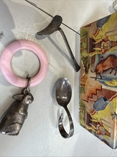 Antique Silver Plated Baby Rattle, Baby Spoon, Food Pusher Boxed Art Deco 1930's