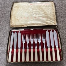 Vintage Set Of Fish Cutlery Set with Faux Bone Handles Fish Eaters Antique