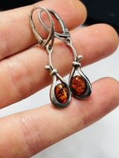 Vintage style silver and amber earrings 42 mm long