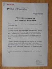 HONDA NEW CIVIC ACCORD S2000 orig 2005 UK Mkt Press Release - Brochure
