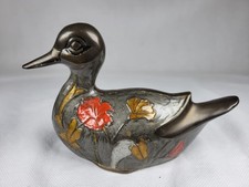 Duck Enamelled Brass Figurine Vintage Colourful Floral Design 19cm Long Rare 