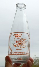 rare old Abbotts of Canterbury dairy milk bottle " Bread "  advert