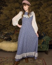 Vtg 1970s Gina Fratini Blue White Cotton Prairie Dress Fiona Designs Sz 8 10