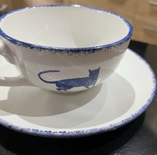 Vintage Hindchcliffe & Barber Saville Pottery Blue Cat Cup & Saucer VGC