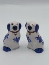 Vintage Miniature Staffordshire Dogs Pair - Blue & White Mid Century