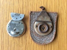 2x Vintage Metal & Leather Luggage Locks, 1930s - 1980s, Old Suitcase/Box Locks