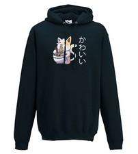 Cat eating noodles anime hoodie Japanese writing gift all sizes adults & kids