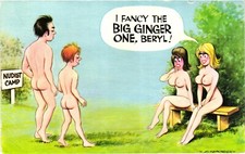 Postcard Saucy Seaside Humour Boobs Nudist Camp Bamforth Black No.247