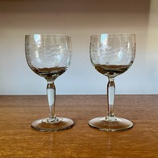Vintage Small Wine Glasses Etched Vines Set Of 2 Rare