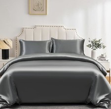 Grey Satin KING SIZE. 60” X 80”. Fitted Sheet, Duvet Cover And 2 Pillow Cases 