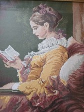 Vintage ‘Girl Reading’ Needlepoint by Wiehler – Completed Vintage Tapestry 1985
