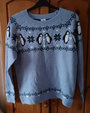 Ladies Pale Blue Penguin Christmas Jumper - Size Medium from George@Asda
