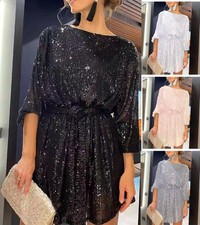 Women Sparkle Glitter Mini Dress Long Sleeve Crew Neck Loose Sexy Party Dresses