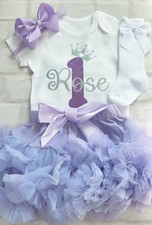 Girls 1st First Birthday Cake Smash Outfit Socks Personalised Lilac Silver